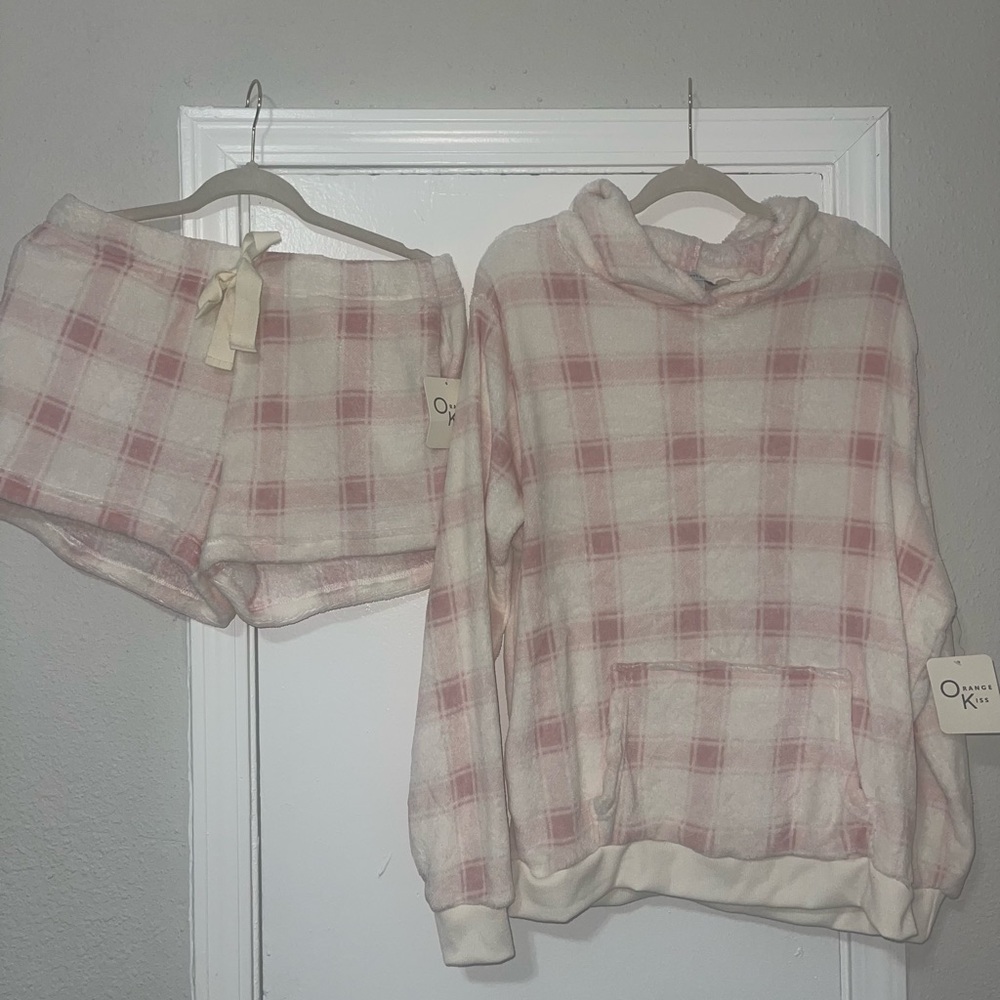 Pink and Cream Plaid Pajama Set Cozy Sleepwear